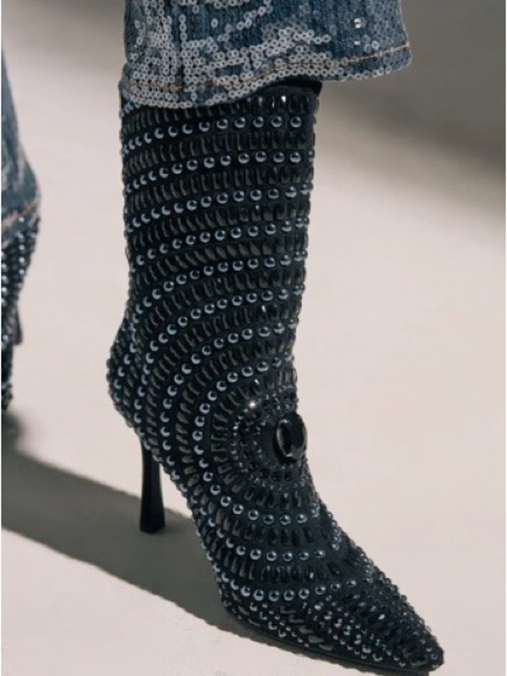 AKIRA Black Stud-Embellished Pointed Stiletto Ankle Boot